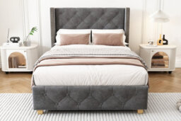 Btm Upholstered Single Bed 3Ft, Velvet, Button & Rivet Headboard, Wooden Legs, With Slatted Frame, Grey - thumbnail 6