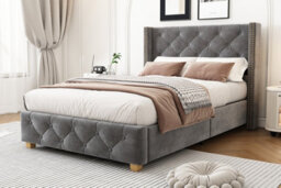 Btm Upholstered Single Bed 3Ft, Velvet, Button & Rivet Headboard, Wooden Legs, With Slatted Frame, Grey - thumbnail 5