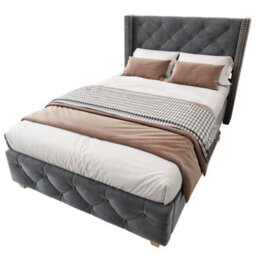 Btm Upholstered Single Bed 3Ft, Velvet, Button & Rivet Headboard, Wooden Legs, With Slatted Frame, Grey - thumbnail 8