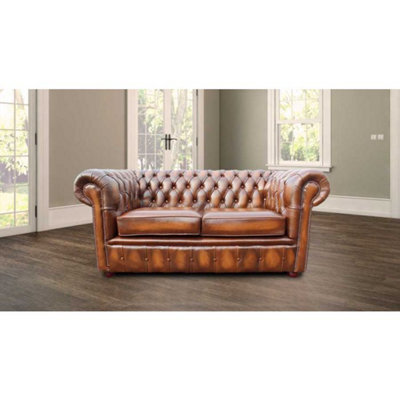 Chesterfield 2 Seater Antique Tan Leather Sofa Settee In Classic Style - image 1