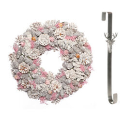 Dibor 39Cm Pink Pinecone Front Door Christmas Wreath With Stag Wreath Hanger