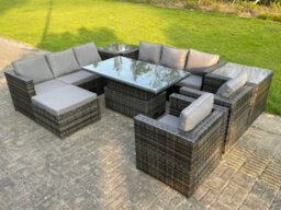 Fimous 9 Seater Outdoor Rattan Garden Furniture Adjustable Rising Lifting Table With 2 Side Coffee Tables Chairs Footstool - thumbnail 1