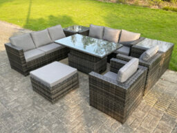 Fimous 9 Seater Outdoor Rattan Garden Furniture Adjustable Rising Lifting Table With 2 Side Coffee Tables Chairs Footstool - thumbnail 2