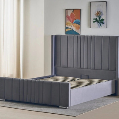 Interior Emporium Plush Velvet Ottoman Bed Frame Wingback Gas Lift Storage King Size Bed Grey - image 1