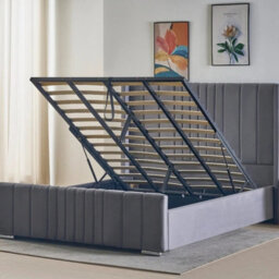 Interior Emporium Plush Velvet Ottoman Bed Frame Wingback Gas Lift Storage King Size Bed Grey - thumbnail 2