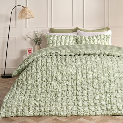 Ohs Gingham Filled Seersucker Duvet Cover Set With Pillowcase Bedding, Sage - Super King - image 1