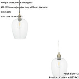 Loops 2 Pack Hanging Ceiling Pendant Light - Antique Brass Plate & Clear Glass - 10W Led E27 - thumbnail 2