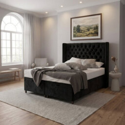 6' Super King - Black - Chesterfield Winged Panel Bed Frame Plush Velvet With Divan Ottoman Gas Lift Storage