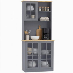 Kitchen Pantry, Buffet Hutch With 3 Storage Cabinets, 2 Open Shelves, Grey - thumbnail 1