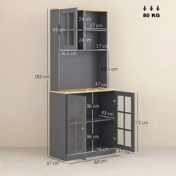 Kitchen Pantry, Buffet Hutch With 3 Storage Cabinets, 2 Open Shelves, Grey - thumbnail 2