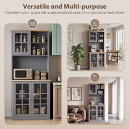 Kitchen Pantry, Buffet Hutch With 3 Storage Cabinets, 2 Open Shelves, Grey - thumbnail 5