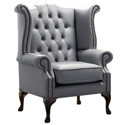 Chesterfield High Back Wing Chair Shelly Piping Leather Bespoke In Queen Anne Style - image 1
