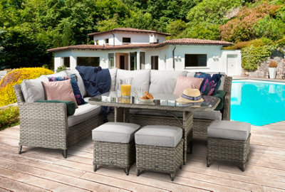 Signature Weave Edwina Wicker Corner Sofa Dining Table Set 3 X Stools Light Grey - image 1
