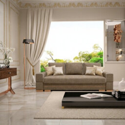 Samanta A Upholstered Sofa Bed 251Cm With Storage Compartment Modern Fabric Sofa For Living Room Beige - thumbnail 2