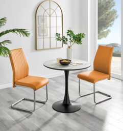 Furniturebox Elina White Marble Effect Round Pedestal Dining Table With Curved Black Support And 2 Mustard Faux Leather Lorenzo Chairs