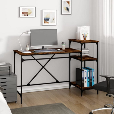 Walplus Desk With Shelves Smoked Oak 135X50X90 Cm Engineered Wood&iron - image 1