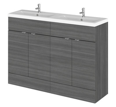 Hudson Reed Fusion Floor Standing 4 Drawer Vanity Unit & Twin Ceramic Basin, Sink Vanity Unit, Anthracite Woodgrain, 1200mm - image 1