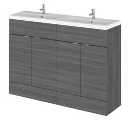 Hudson Reed Fusion Floor Standing 4 Drawer Vanity Unit & Twin Ceramic Basin, Sink Vanity Unit, Anthracite Woodgrain, 1200mm - thumbnail 1
