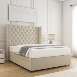 Bsspoke Winchester Divan Bed Set Cream Plush Velvet 54Inch Wingedback Headboard & Mattress & No Drawers All Sizes Available - thumbnail 2
