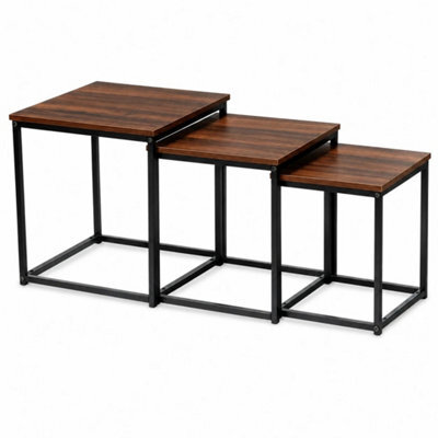 Set Of 3 Nesting Coffee Tables Square Side Tables Metal Frame Brown Wood Tops - image 1