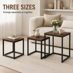 Set Of 3 Nesting Coffee Tables Square Side Tables Metal Frame Brown Wood Tops - thumbnail 2