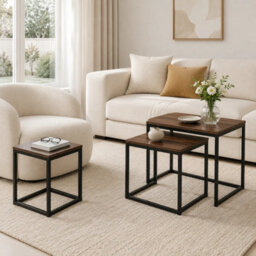 Set Of 3 Nesting Coffee Tables Square Side Tables Metal Frame Brown Wood Tops - thumbnail 3