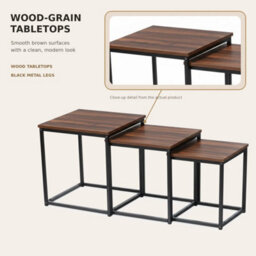Set Of 3 Nesting Coffee Tables Square Side Tables Metal Frame Brown Wood Tops - thumbnail 4
