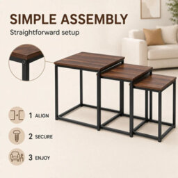 Set Of 3 Nesting Coffee Tables Square Side Tables Metal Frame Brown Wood Tops - thumbnail 5