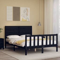 Berkfield Bed Frame With Headboard Black Double Solid Wood - thumbnail 3