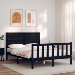 Berkfield Bed Frame With Headboard Black Double Solid Wood - thumbnail 1