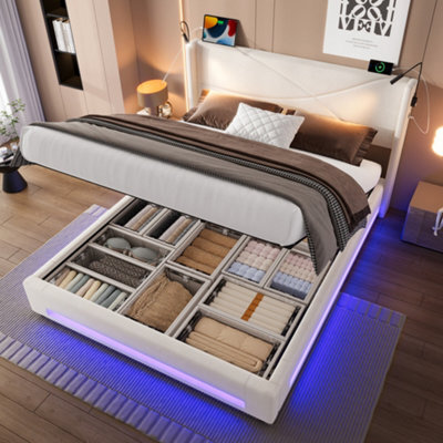 Abrihome Modern Bed Frame With Led Lights & Hydraulic Storage - 135X190Cm Bed With Usb/type-C Charging, Integrated Reading Lamps, Beige - image 1