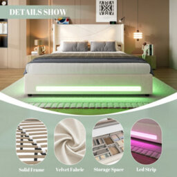 Abrihome Modern Bed Frame With Led Lights & Hydraulic Storage - 135X190Cm Bed With Usb/type-C Charging, Integrated Reading Lamps, Beige - thumbnail 3