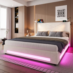Abrihome Modern Bed Frame With Led Lights & Hydraulic Storage - 135X190Cm Bed With Usb/type-C Charging, Integrated Reading Lamps, Beige - thumbnail 2