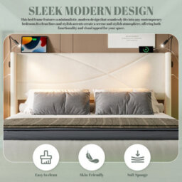 Abrihome Modern Bed Frame With Led Lights & Hydraulic Storage - 135X190Cm Bed With Usb/type-C Charging, Integrated Reading Lamps, Beige - thumbnail 7