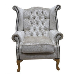 Chesterfield High Back Wing Chair Shimmer Pearl Velvet Bespoke In Queen Anne Style - thumbnail 3