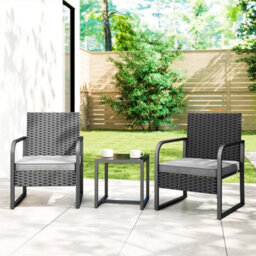 Rattan Garden Bistro Set, 3 Piece Rattan Garden Furniture With Cushions, Black - thumbnail 1