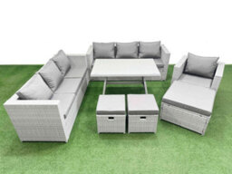 Fimous Outdoor Rattan Garden Furniture Dining Set 10-Seater Patio Rectangular Table 3 Seater Sofa Armchair Set With 3 Stools - thumbnail 1