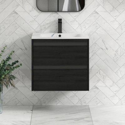 Royal Bathrooms Orion 600mm Wall Hung Bathroom Vanity Unit 2 Drawer Hale Black With Carrara White Basin & Black Accent Trim - image 1