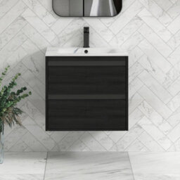 Royal Bathrooms Orion 600mm Wall Hung Bathroom Vanity Unit 2 Drawer Hale Black With Carrara White Basin & Black Accent Trim