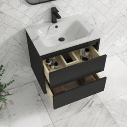 Royal Bathrooms Orion 600mm Wall Hung Bathroom Vanity Unit 2 Drawer Hale Black With Carrara White Basin & Black Accent Trim - thumbnail 6