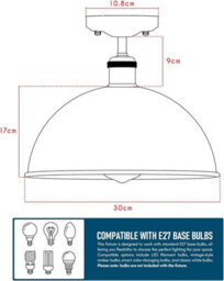 Industrial Semi Flush Mount Vintage Ceiling Light With 30Cm Metal Dome Shade For Kitchen Bathroom Porch Living Room - thumbnail 4