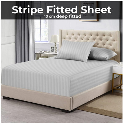 Ameha Silver Stripe Fitted Sheet 40Cm Extra Deep King 152X200Cm - Soft Brushed Microfiber, Anti Allergy, Easy Care Bed Sheet - image 1