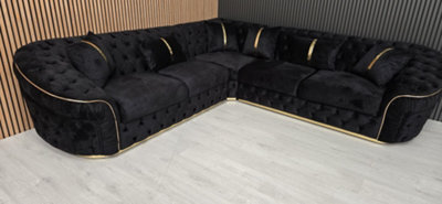 Ambassador Corner Sofa Black Velvet & Gold Detail - image 1