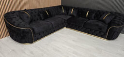 Ambassador Corner Sofa Black Velvet & Gold Detail