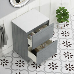 Royal Bathrooms Royal Bathroom Elmore 600mm Matt Pebble Grey Freestanding Bathroom Vanity Unit 2 Drawer Plain White Worktop With Art Round Basin - thumbnail 6