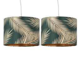 First Choice Lighting Set Of 2 Tropica - Dark Green With Gold 25Cm Pendant Or Lamp Shades