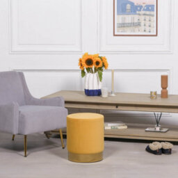 Amour Mustard Yellow Velvet Pouffe Gold Trim Round Stool Ottoman - thumbnail 4