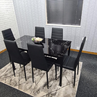 Kosy Koala Dining Table And 6 Chairs Black Marble Effect Glass 6 Leather Black Chairs Dining Room Furniture - image 1