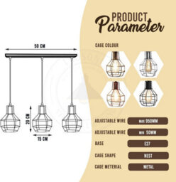 3 Head Vintage Metal Cage Light Industrial Pendant Shade, Rustic Red Wire Cage Hanging Ceiling Light E27 Holder Fitting - thumbnail 2