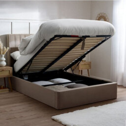 Harper Warm Stone Velvet Winged Ottoman Storage Bed Frame - 5Ft King Size - thumbnail 2